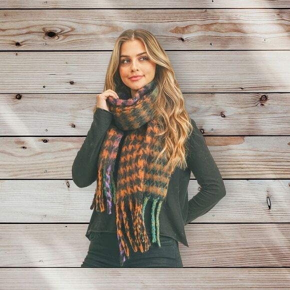 Houndstooth Multi Color Pinwheel Scarf Fringed Ends Fuzzy Oversized Soft Warm - Picture 2 of 2